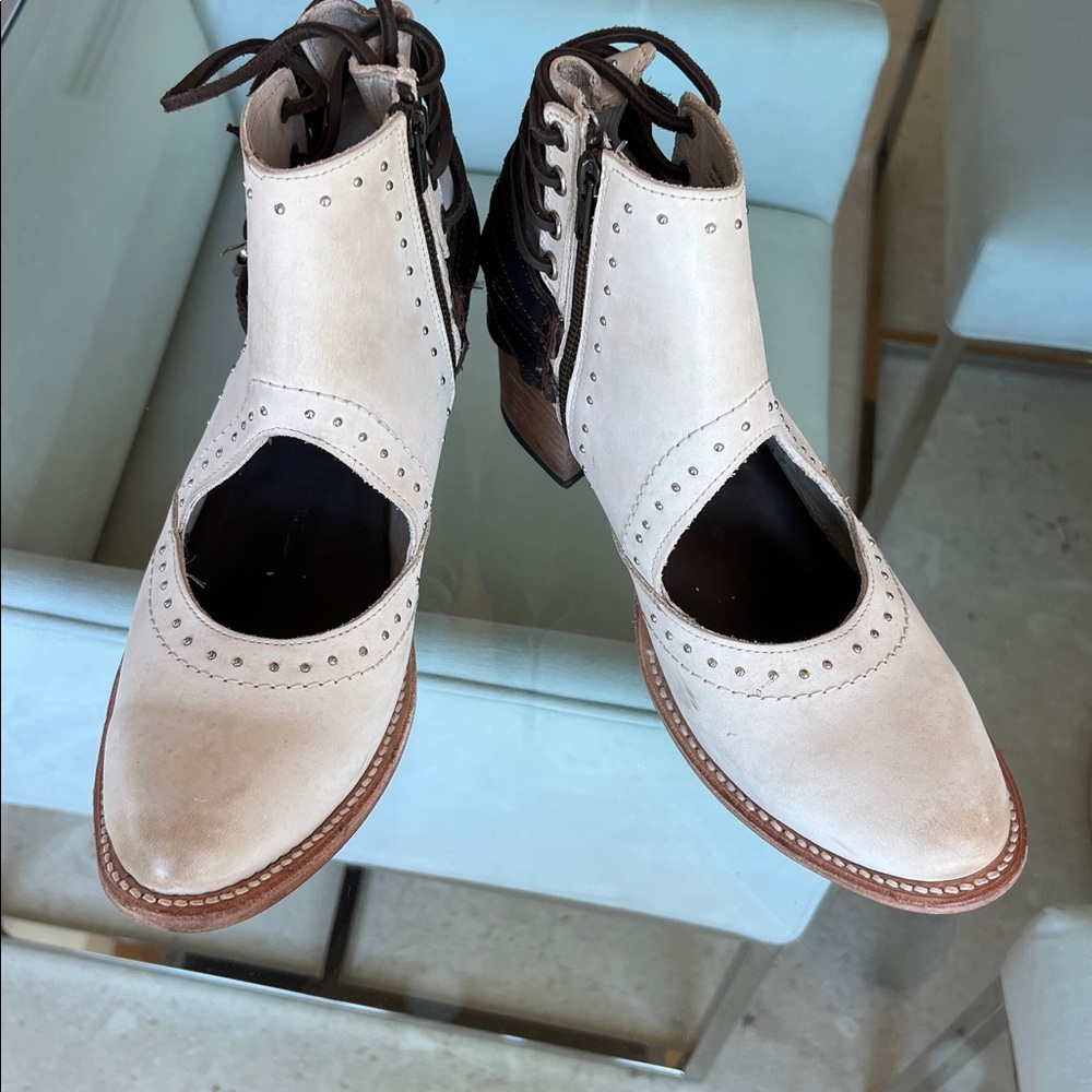 freebird White Cutout Lace-Up Ankle Booties with Brown Accents - Picture 14 of 14